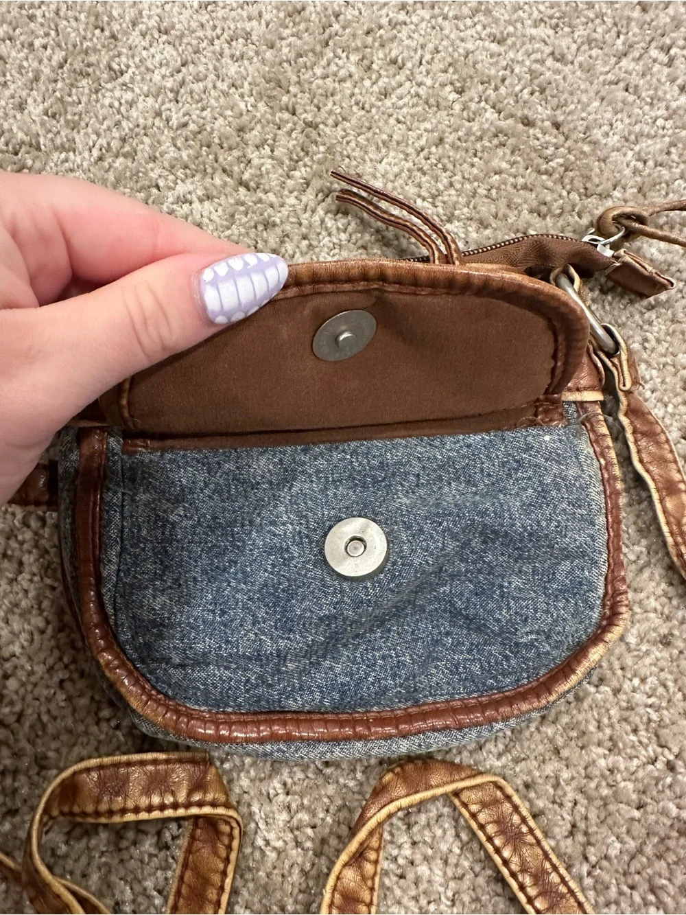 Mudd Denim and Distressed Brown Studded Crossbody Bag